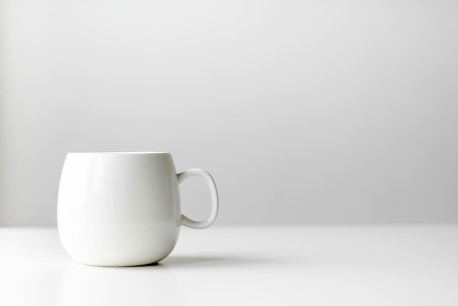 white ceramic mug, white ceramic cup, drink, table, copy space HD wallpaper