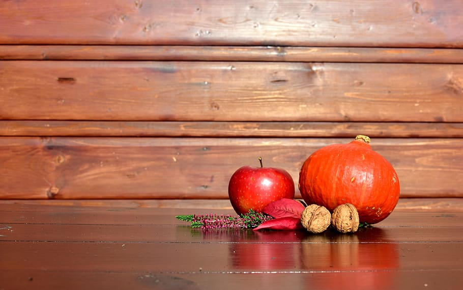 autumn, pumpkin, walnut, pumpkins, apple, halloween, ornament HD wallpaper