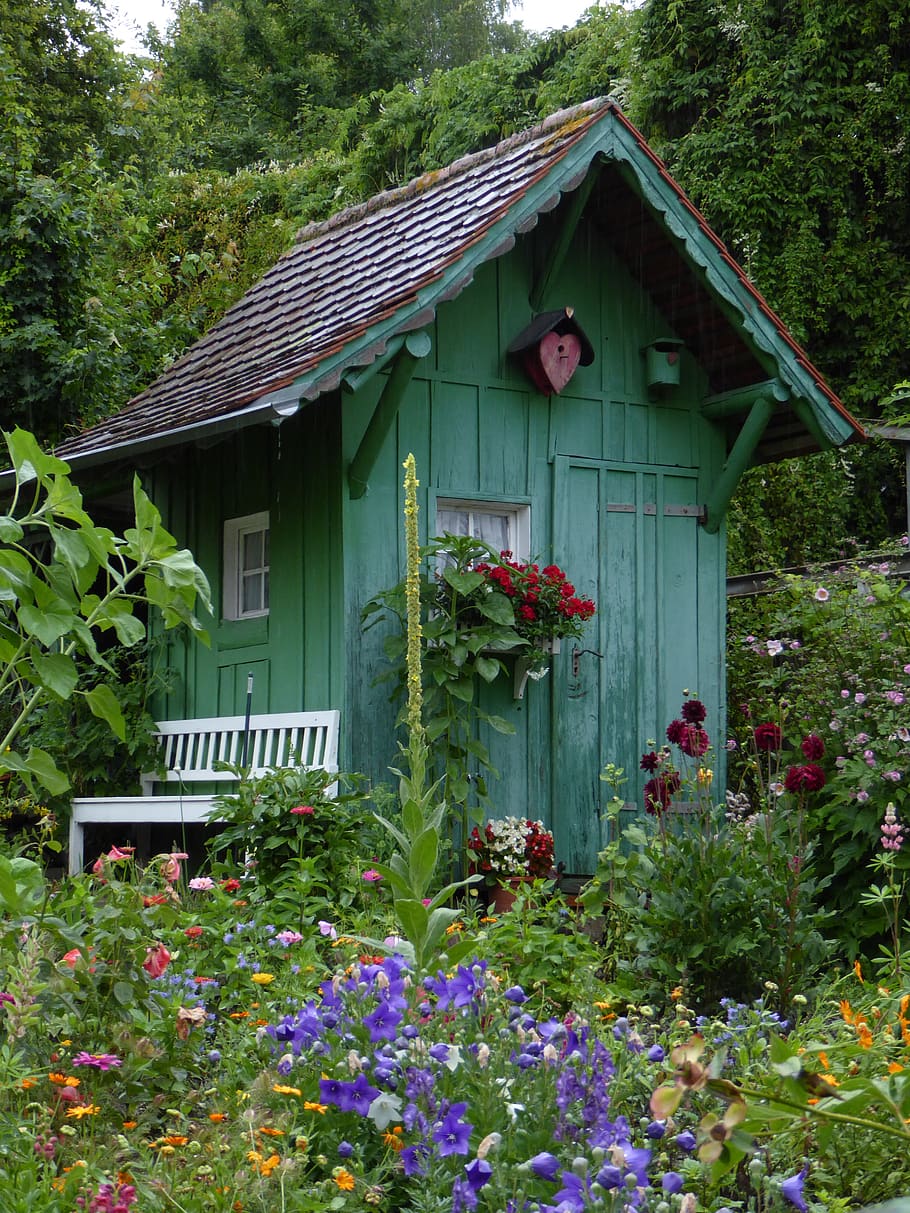 garden, garden shed, romance, romantic, cottage, idyllic, plant, HD wallpaper