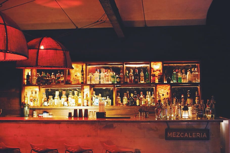 lighted Mezcaleria bar desk, assorted, bottles, rack, drinks, HD wallpaper