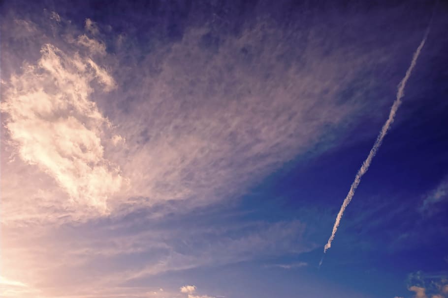 sky, clouds, blue, clouds form, covered sky, flight, contrail HD wallpaper