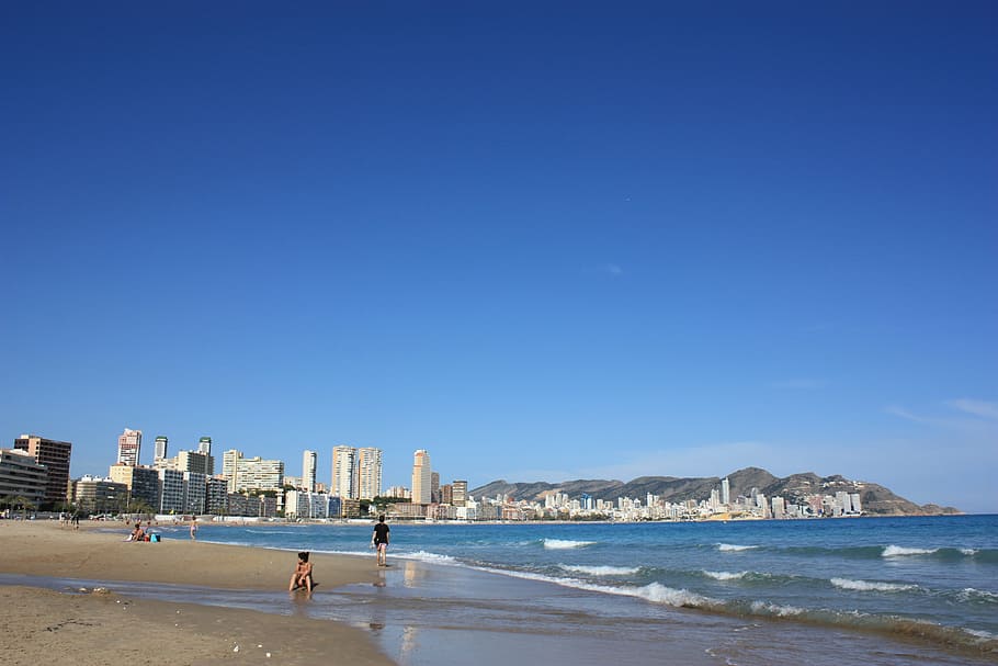 benidorm, beach, spain, water, sea, land, sky, architecture HD wallpaper