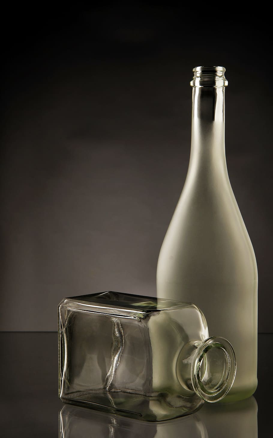 two clear glass bottles, transparent, cut, green, drink, liquid HD wallpaper