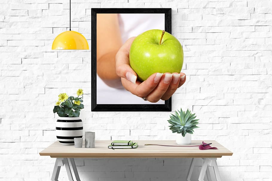 3D painting of green apple, fruit, healthy, hand, offer, grannysmith HD wallpaper