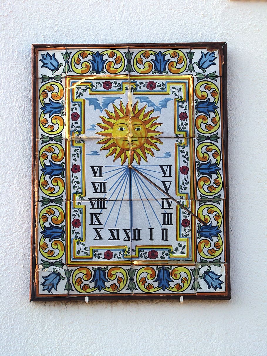 sundial, time, pointer, timepiece, tiles, white wall, spain, HD wallpaper