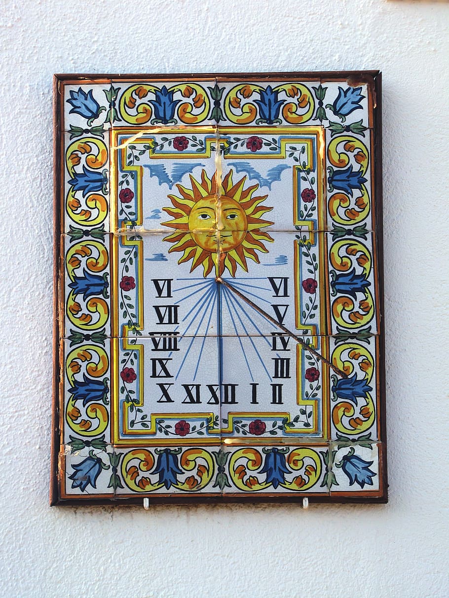 sundial, time, pointer, timepiece, tiles, white wall, spain HD wallpaper