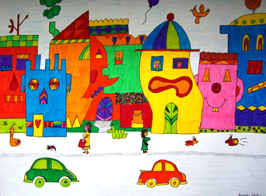 children walking in streets in front of houses painting, image