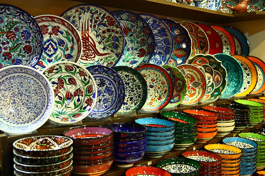 assorted-color floral dinnerware lot in shelf, Istanbul, Turkey