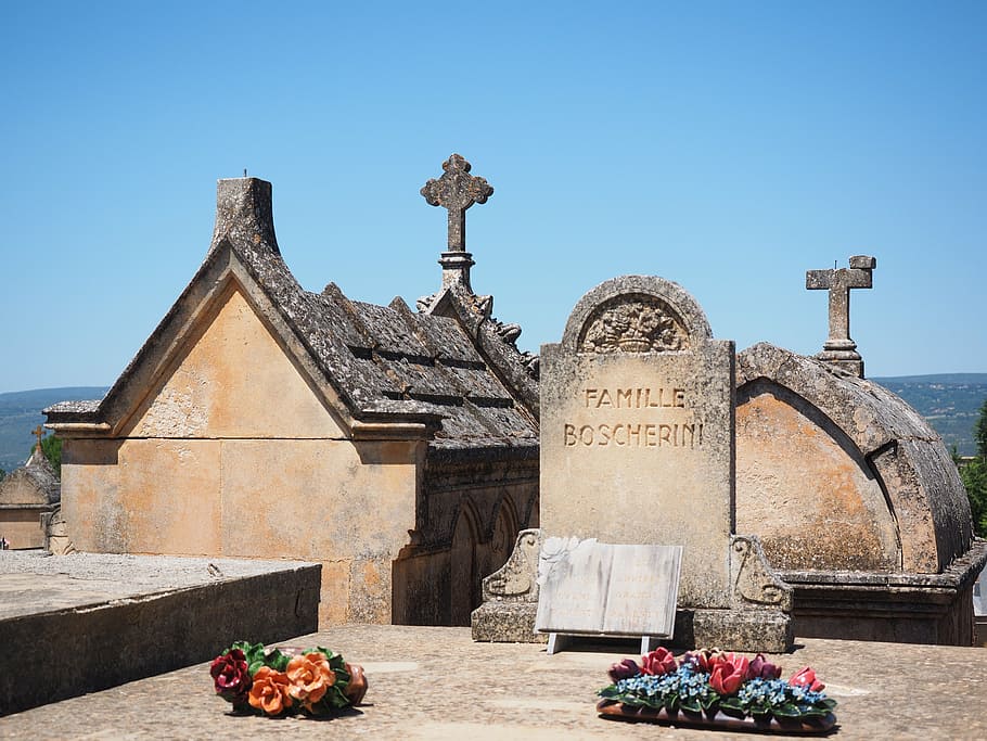 family grave, cemetery, graves, gravestone, old cemetery, roussillon, HD wallpaper