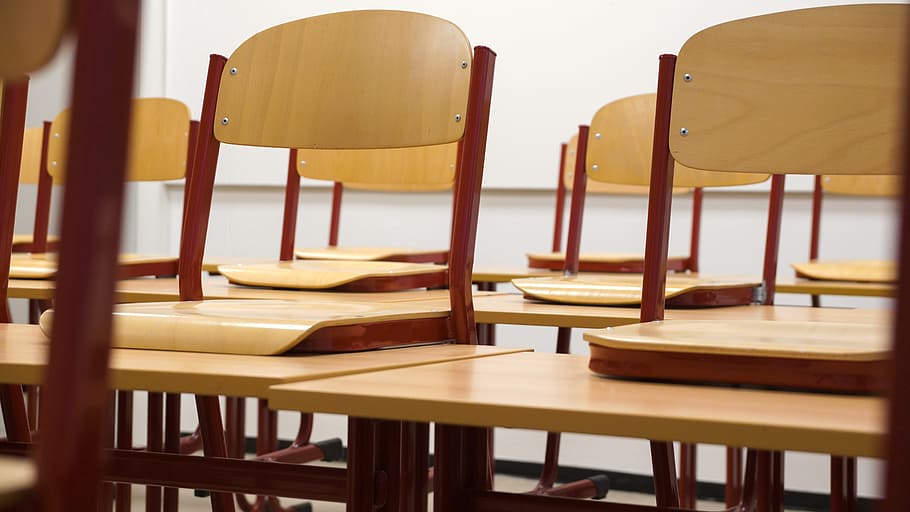 brown wooden chair lot, classroom, chairs, tables, school, seminar HD wallpaper