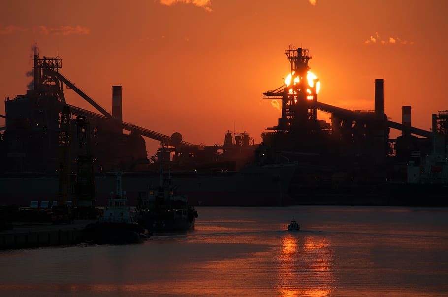 silhouette of building during sun set, sunset, japan, sky, sea HD wallpaper