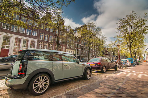 assorted-color cars parked in street, amsterdam, netherlands HD wallpaper