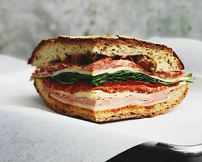 ham sandwich on white surface, sandwich with meat on paper, Italian Sandwich HD wallpaper