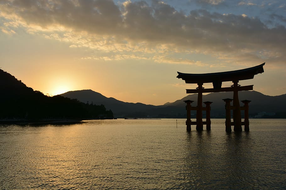 tori gate in body of water during golden hour, shrine, torii HD wallpaper