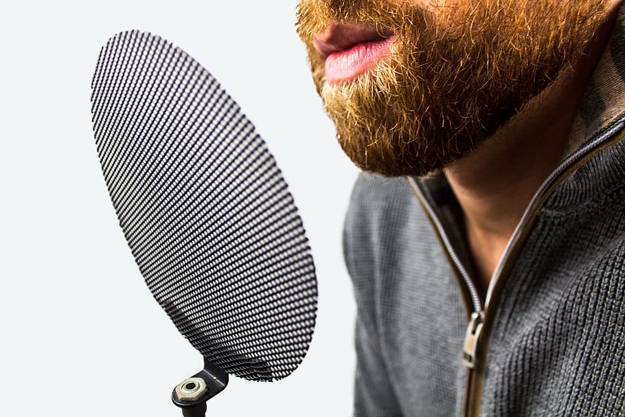 person near gray pop filter with white background, popkiller HD wallpaper