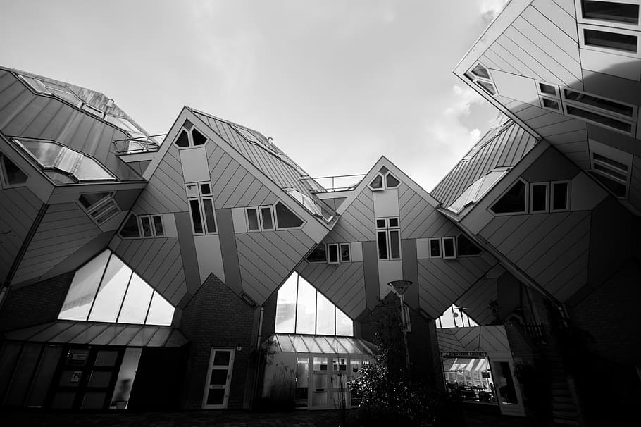 grayscale photo of house, houses, rotterdam, architecture, residential