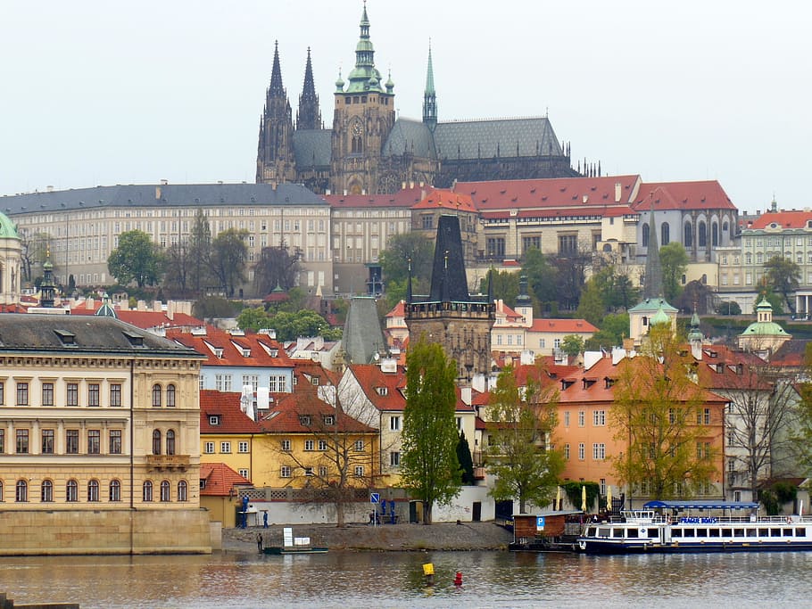prague, moldova, prague castle, architecture, river, europe, HD wallpaper