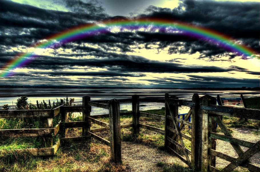 rainbow over horizon during golden hour, gate, hdr, surreal HD wallpaper