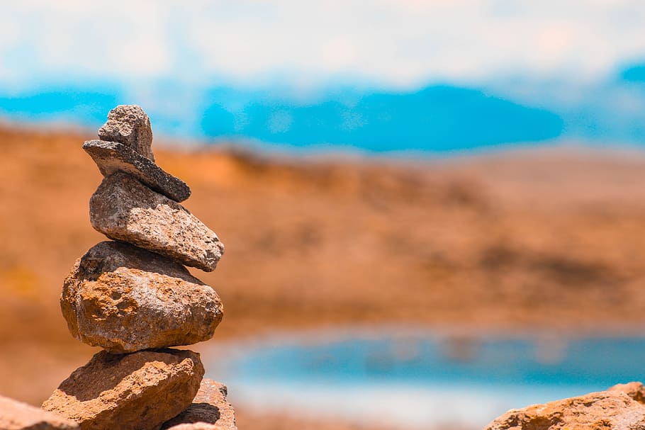 stone, orange, teal, water, solid, balance, stack, sea, rock HD wallpaper