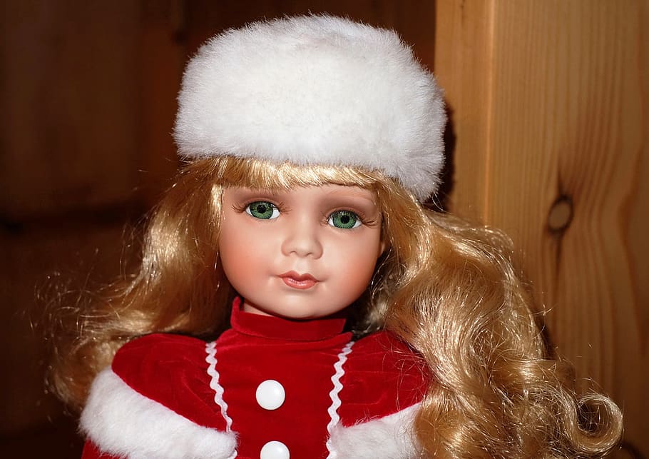 doll, doll face, blond, winter, pretty, decoration, red, child HD wallpaper
