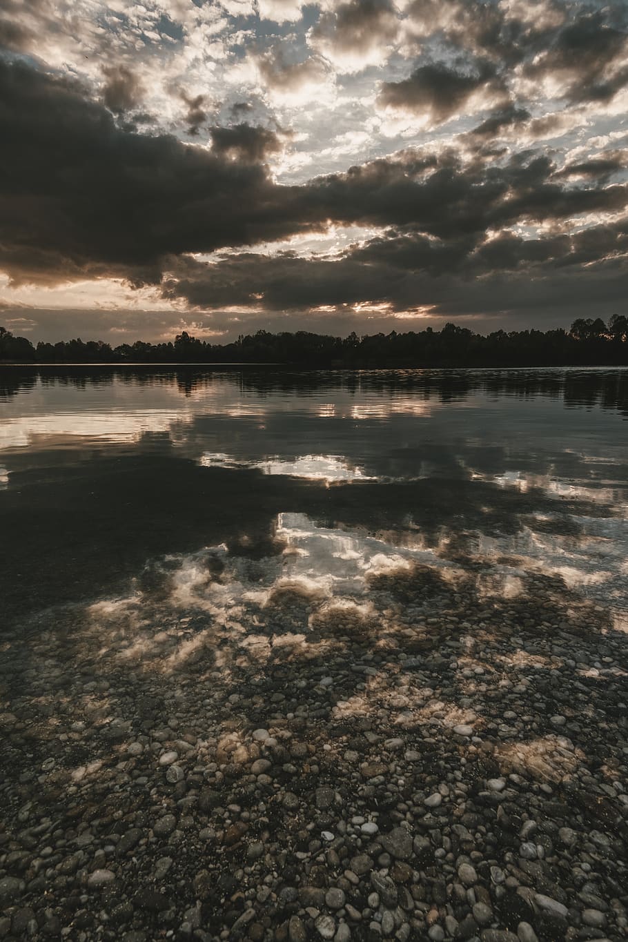 sunset, mirroring, lake, reflection, stones, clouds, light HD wallpaper