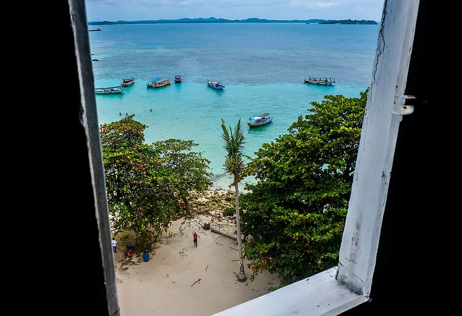 beach, window, island, vacation, travel, sea, ocean, holiday HD wallpaper