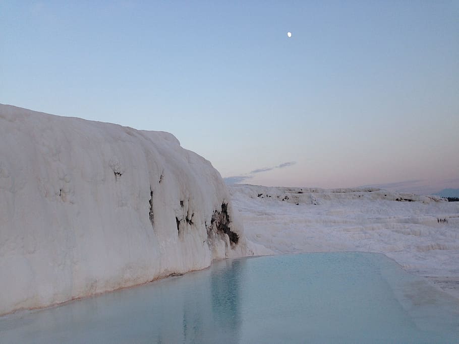 Pamukkale, Moon, White, water, cold temperature, winter, nature HD wallpaper