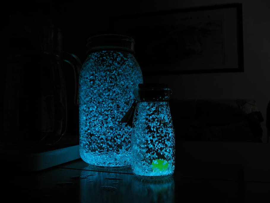 bottles, noctilucent, gift, night, container, indoors, blue HD wallpaper