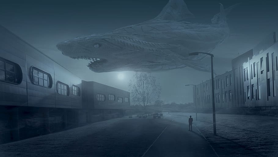 person watching shark illustration, fantasy, mystical, building