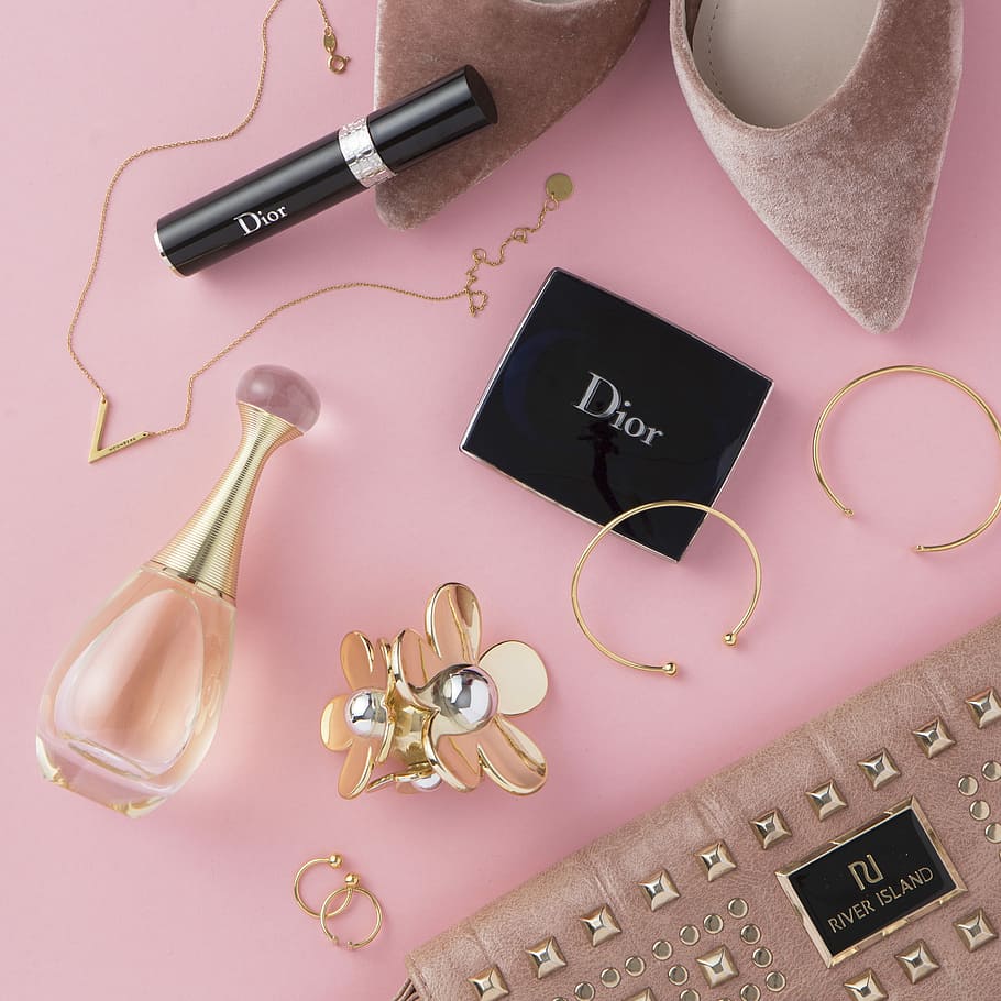 Pink, assorted accessories and makeup kit, flat lay, flatlay, HD wallpaper