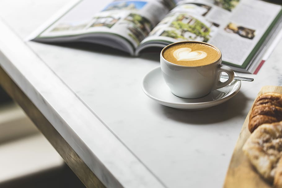 white ceramic coffee cup with saucer on white table, white teacup and saucer with latte on white wooden table HD wallpaper