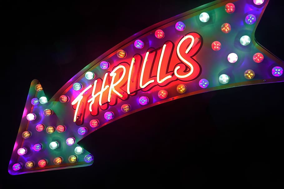 Thrills neon sign, Thrills neon light, night, dark, lights, illuminated