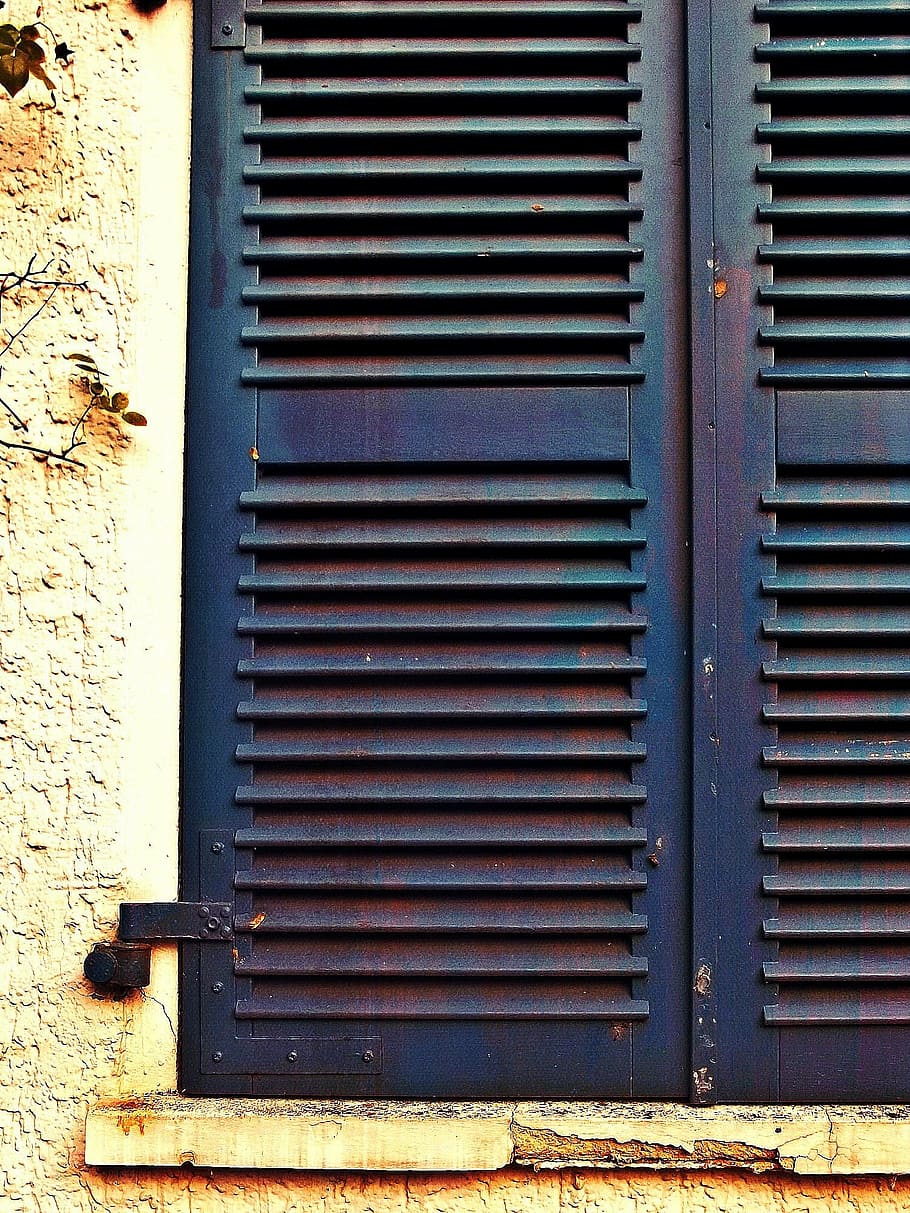 closed black metal window, blue, home, shutters, architecture HD wallpaper