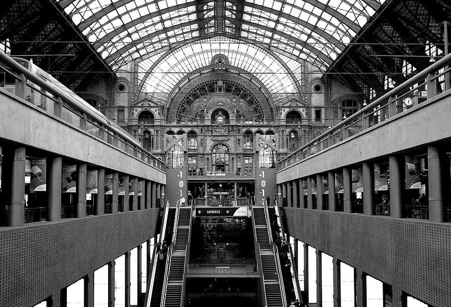 within, architecture, glass, black, white, railway station HD wallpaper