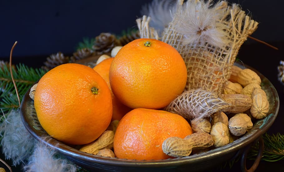 four orange fruits on bowl, tangerines, peanuts, christmas HD wallpaper