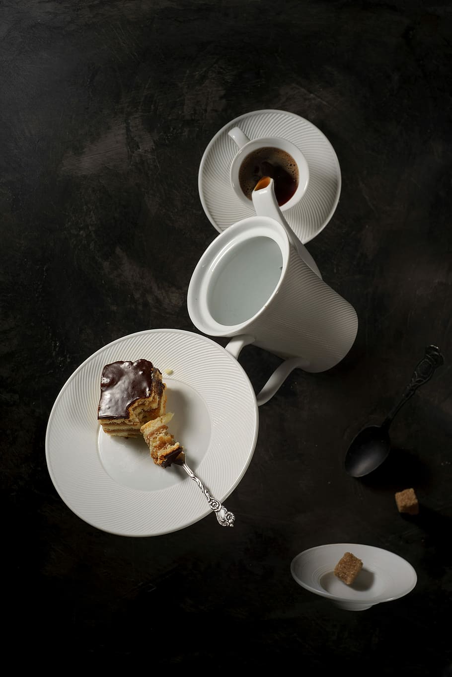 Coffee, cake and friendly sitting, white plate with chocolate cake HD wallpaper