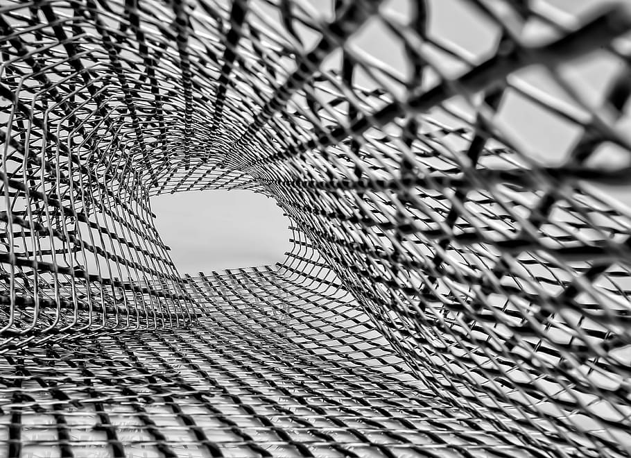 grayscale photo of metal mesh screen, black and gray metal fence pathway HD wallpaper