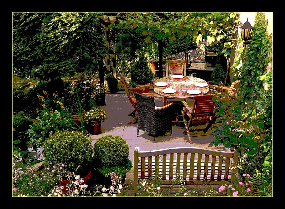 patio table framed photo, garden, flowers, nature, flora, blossom, HD wallpaper