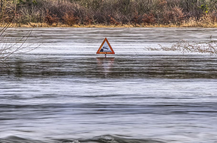 red and white river signage, high water, flow, flooding, flooded, HD wallpaper