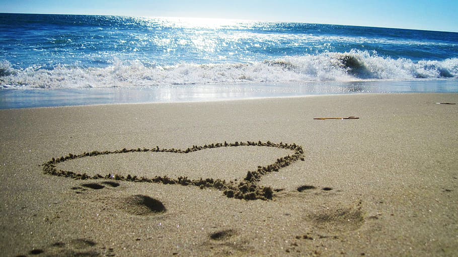 beach, sand, ocean, heart, sea, wave, summer, nature, coastline HD wallpaper