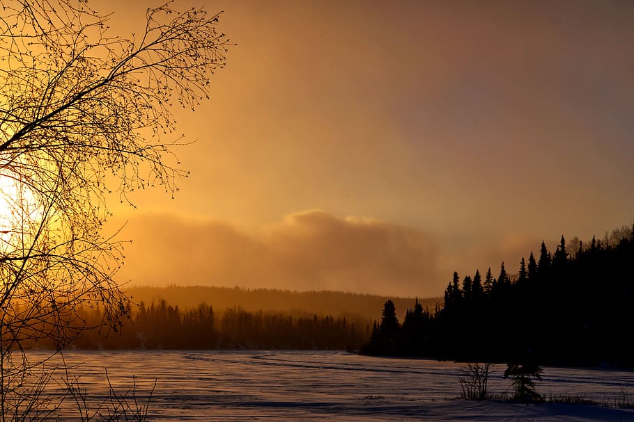 sunset, landscape, winter, twilight, evening, trees, against day HD wallpaper