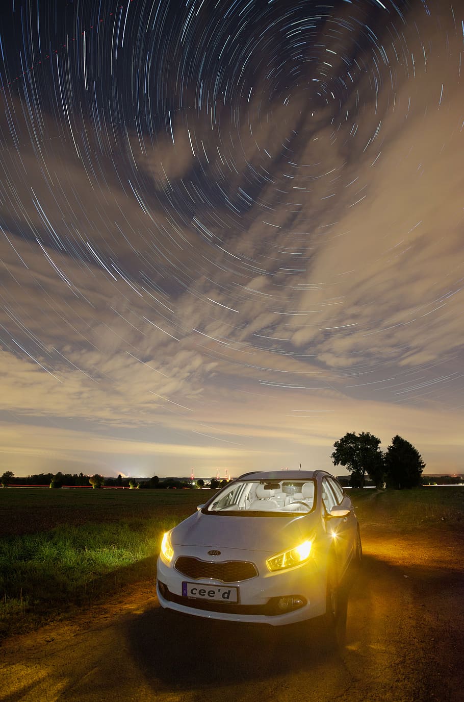 star trail, night, tracer, starry sky, night sky, auto, kia, HD wallpaper