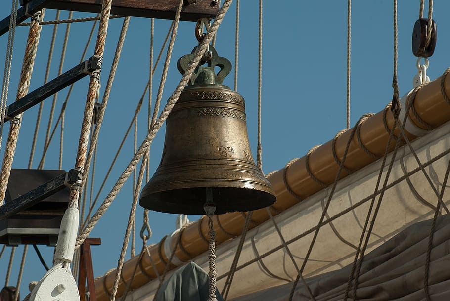 brass-colored bell hanged on brown rack, boat, sailboat, strings HD wallpaper