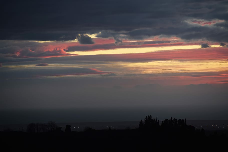 silhouette of structure under clouds, silhouette of building near body of water during sunset HD wallpaper