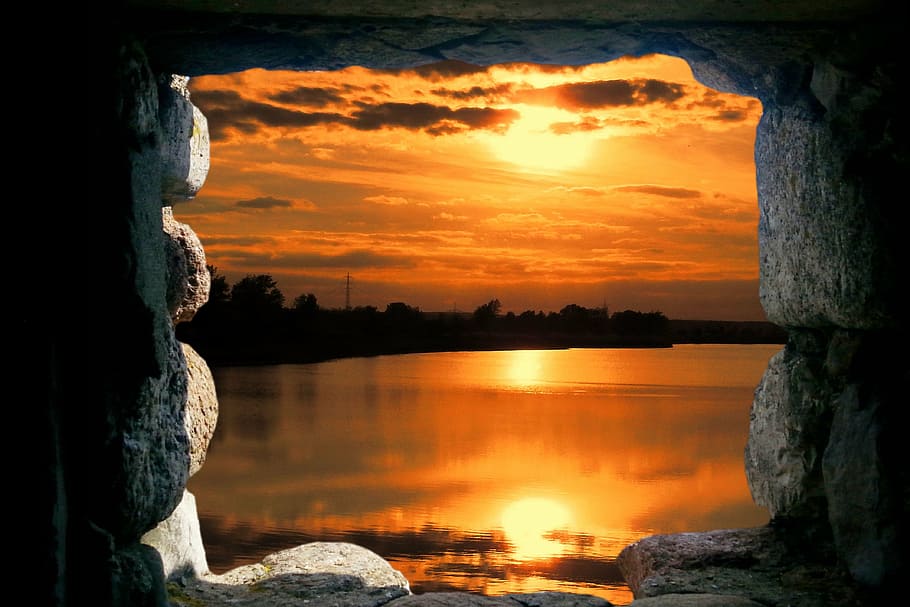 concrete window during sunset, landscape, cave, photo montage HD wallpaper