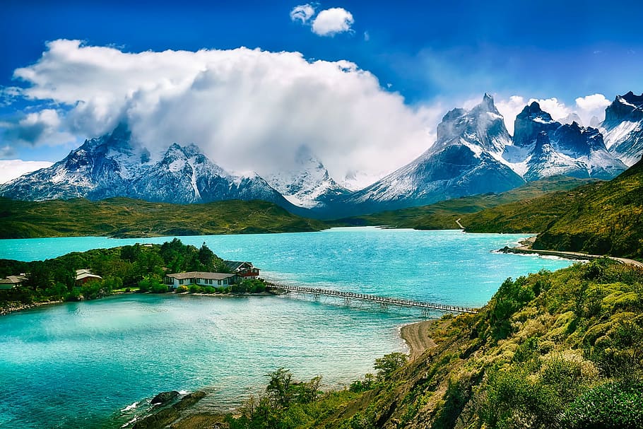 lake with background of mountain covered with white snow, chile HD wallpaper