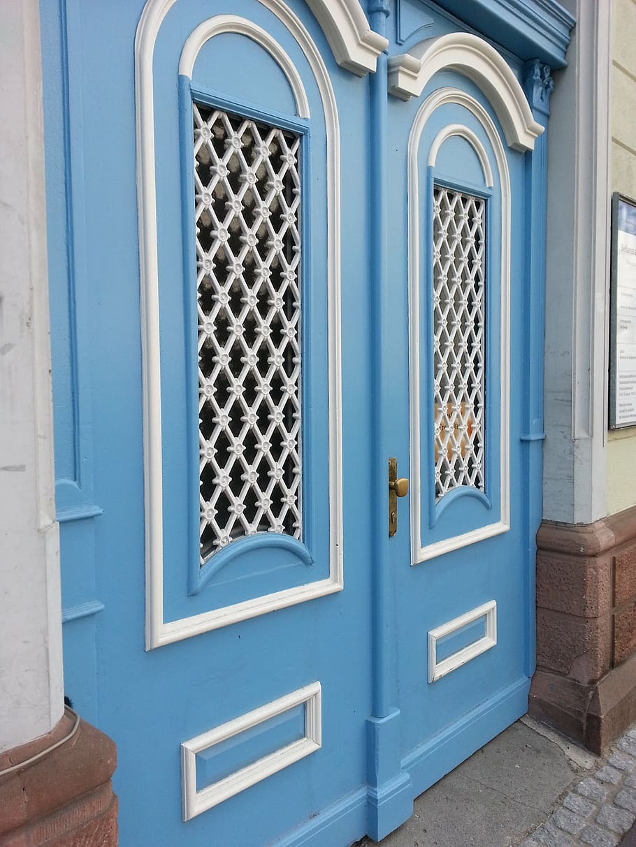 door, goal, input, light blue, old, gate, architecture, window HD wallpaper