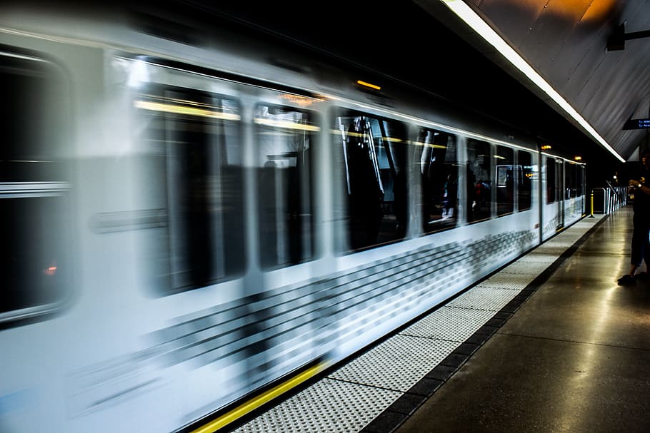white and black train, subway, tunnel, speed, underground, station HD wallpaper