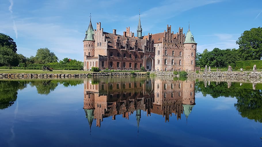 landscape, castle, architectural, water, lake, moat, reflection