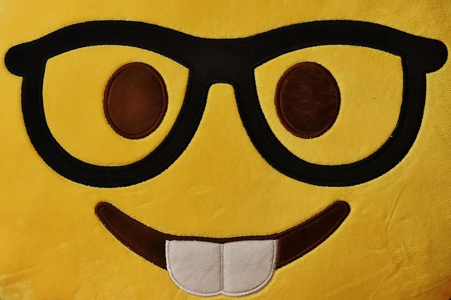 Facebook emoji pillow, smiley, funny, cheerful, glasses, yellow